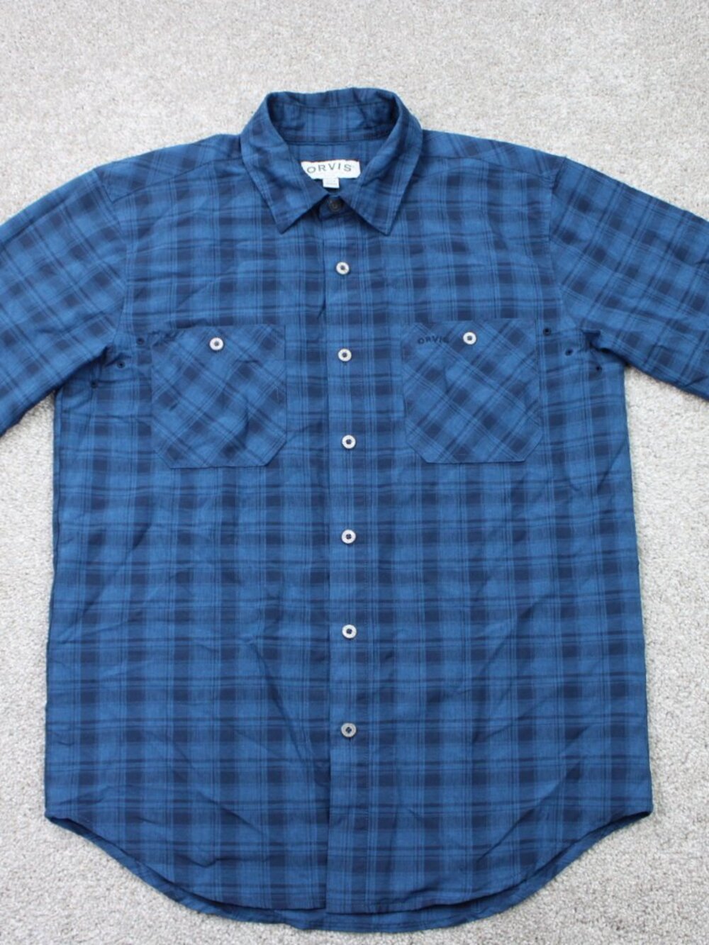 Orvis Woven Tech Shirt Mens Small Blue Lightweight Wicking Short Sleeve Button